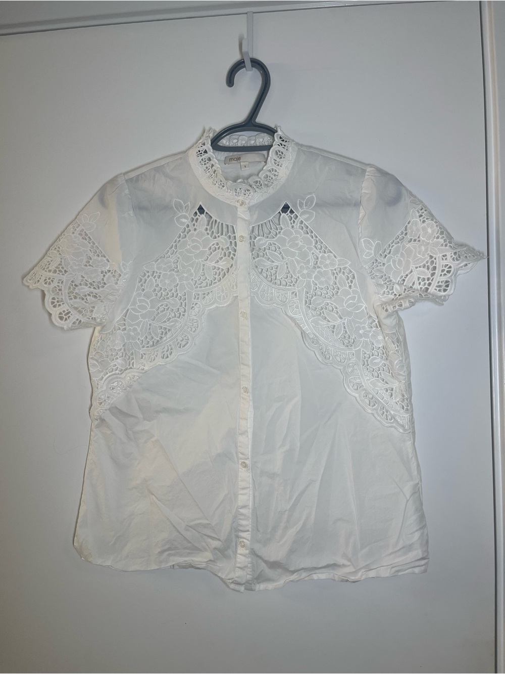 Maje White Eyelet Lace Short-Sleeve Button Blouse